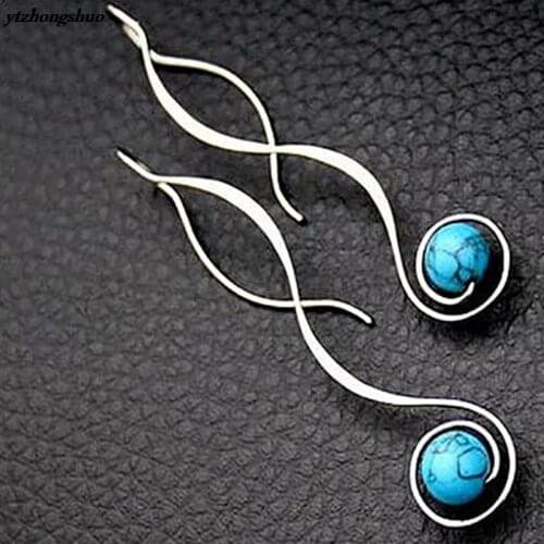 Boho Turquoises Rhinestone Inlaid Dangle Earrings Smooth Metal Winding Wrapped Stone Hook Dangle Earrings Women