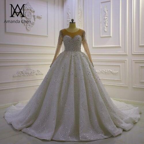 Robe blanche mariage Long Sleeve Rhinestone Crystal Glitter Wedding Dress