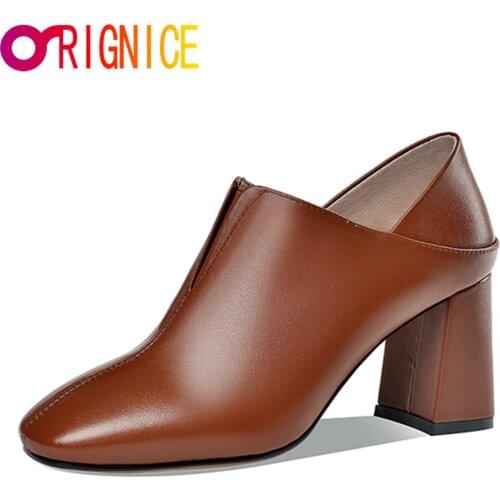 Orignice Concise Genuine Leather Women Pumps Elegant Square Toe Thick Heels Famale Spring Autumn Office Work Shoes Brown