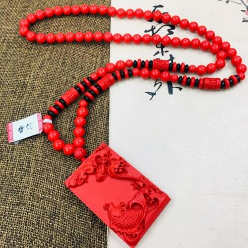 Zhe Ru Jewelry Natural Cinnabar Crafted Auspicious Fish Lotus Pendant with Tri-Color Bead Necklace Sweater Chain