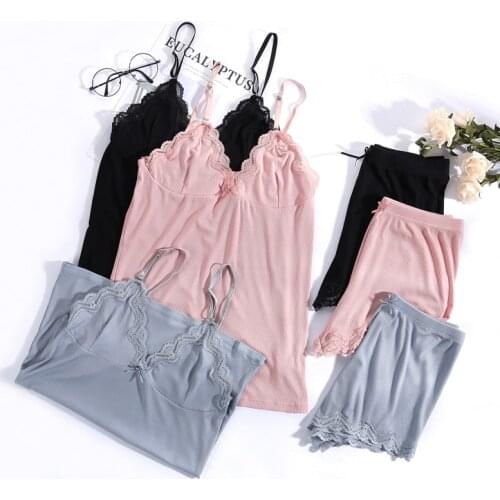 Women Pajamas V-neck Sleepwear Sexy Set Pajama Silk Nightwear Lace Homewear Strap Sleep Lounge Pyjama
