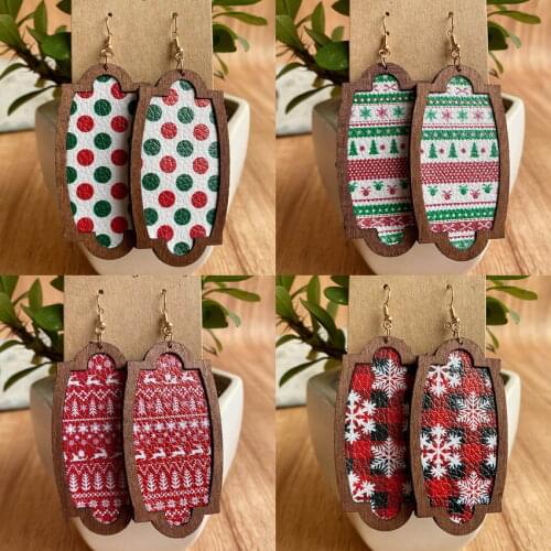 Red Santa Ride Christmas Tree Print Vegan Leather Wood Frame Oval Earrings for Women Brand Designer Jewelry Free Shipping