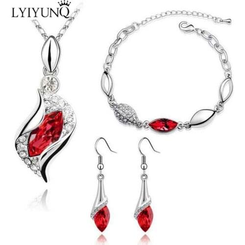 LYIYUNQ Trendy 925 Sterling Silver Water Drop Long Earrings Pendant Necklace Bracelet Jewelry Sets For Women Wedding Jewelry