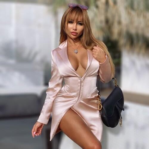 Luxurious Sheen Tux Dress Champagne Satin Corset Long Sleeves Deep V Plunge Lapel Neck Women Autumn New Fashion Suit Dress
