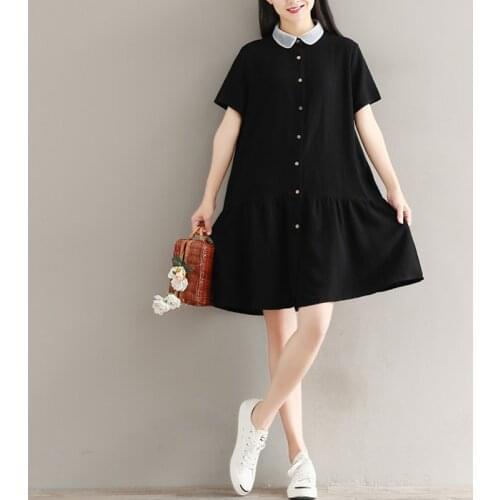 2019 summer fashion knee length short sleeve black cotton dress for women cute sweet dress