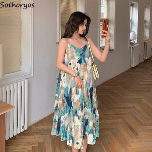 Women Sleeveless Dresses Tie Dye Mid-calf Chiffon Stylish Casual Elegant Aesthetic Daily Temperament Draped Female Tender Retro