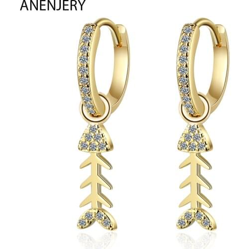 ANENJERY 925 Sterling Silver Temperament Fishbone Dangle Earrings Cubic Zircon Earring Jewelry For Women S-E1007