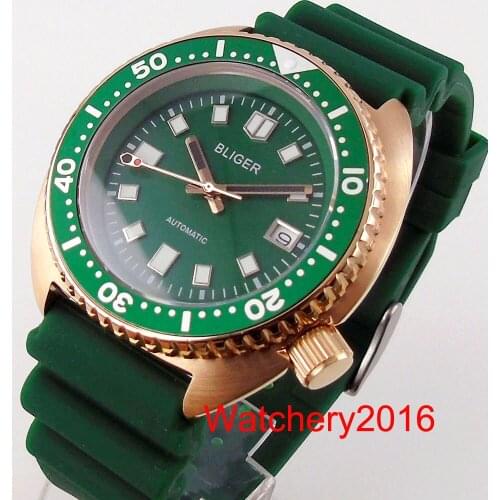 BLIGER 45mm Green Dial Rose Gold Case Luminous Automatic Men Watch 24 Jewels NH35A Rotating Bezel Rubber Band Sapphire Glass