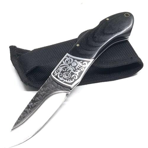 8.27'' Damascus Knife Survival Tactical Folding Pocket Knife Wood Handle Outdoor Combat Camping Hunting Knives for Self-defense