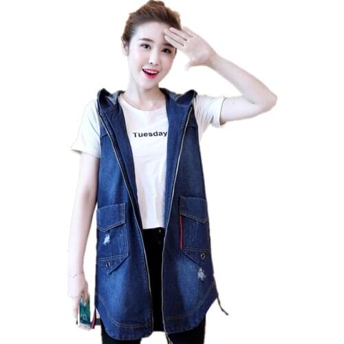Long Denim Waistcoat Women Spring Autumn Sleeveless Hooded Vest Plus Size 4XL 5XL Hole Vest Casual Jacket Female