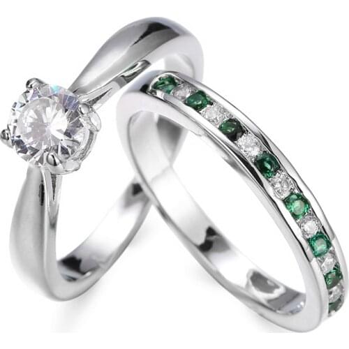 High Quality 2 PCS/Set Green Zircon Spacer White Crystal Ring Set For Women Wedding Party Engagement Rings Jewelry Accessories