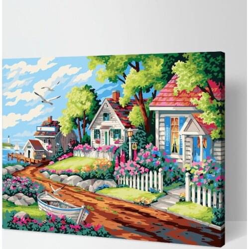 MaHuaf-T010 Cottages by The Sea 40x50cm Framed painting paint by numbers DIY Hand-painted canvas painting for home decor