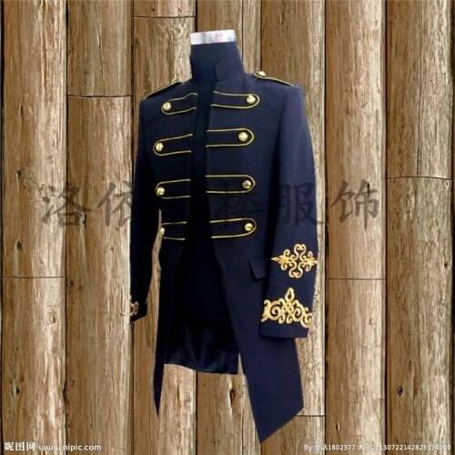 Free ship mens black/white golden embroidery vintage medieval tuxedo long jacket event /stage performacne/this is only jacket