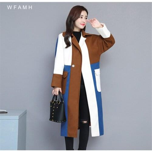 2020 autumn and winter new mid-length stitching woolen coat women loose large size women were thin over the knee Nizi coat