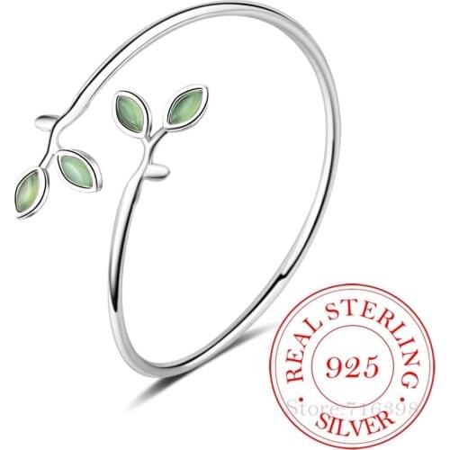 New Beautiful Sprout Exquisite Korean Style Fashion 925 Sterling Silver Jewelry Bracelets Literary Leaves Crystal Bangles