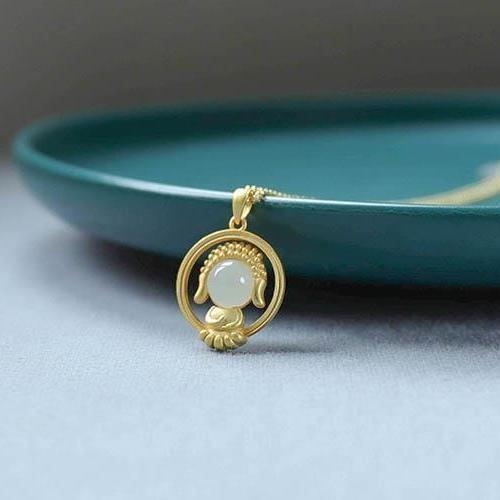 Xinniao Natural Hetian Jade White Jade Jade Buddha Statue Pendant S925 Sterling Silver Safe Jade Necklace for Relatives and Frie