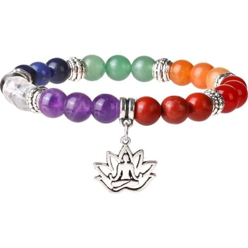Rainbow 7 Chakra Stone Lotus Tree Charm Yoga Pendants Meditation Natural Quartz Stone Healing Beads Bracelets Women Men Jewelry
