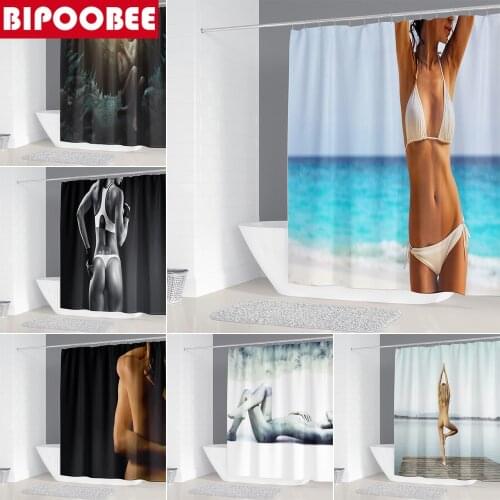 Sexy Lady Shower Curtains Ocean Scenery Beach Bikini Girl Bathroom Bathtub Decor Waterproof Polyester Fabric Bath Curtain