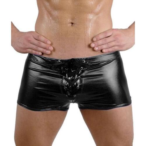 Sexy Men Zipper PVC Latex Underpants Shorts Wetlook Patent Leather Shorts Underwear Drawstring Shinny Swimwear Male Boxers Short