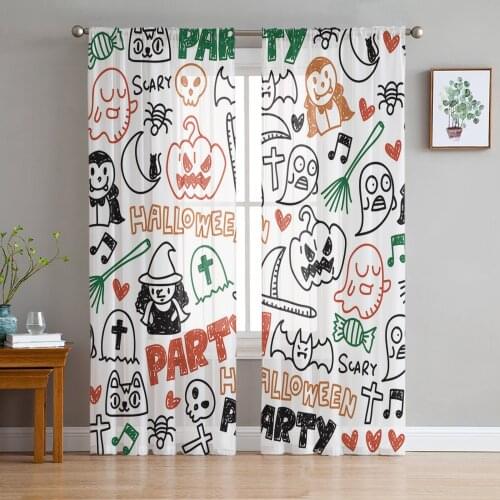 Halloween Element Stick Figure Tulle Curtains for Living Room Decoration Modern Chiffon Sheer Voile Kitchen Curtain