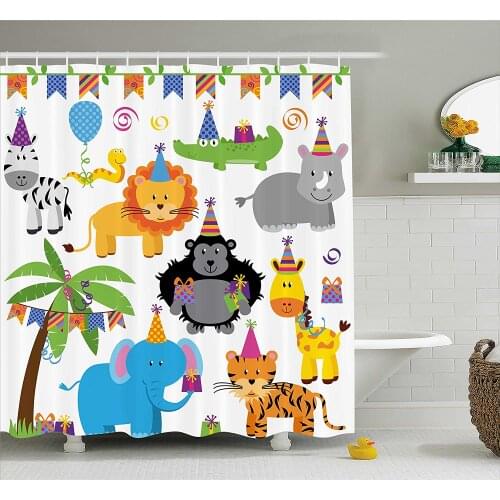Birthday Decorations for Kids Shower Curtain Jungle Wild Animals in Cartoon Party Hats Flags Image Home Decor Bath Curtains