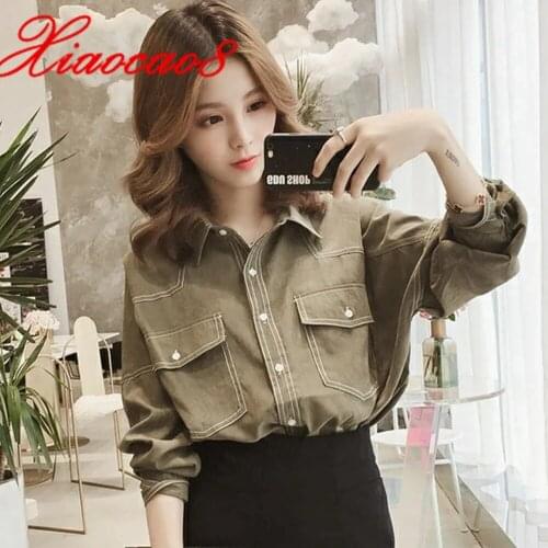 Spring Fashion Women Blouses with Pockets Oversized Long Sleeve Femmel Shirts and Blouses Solid Loose Blusas Casual Top Clothing