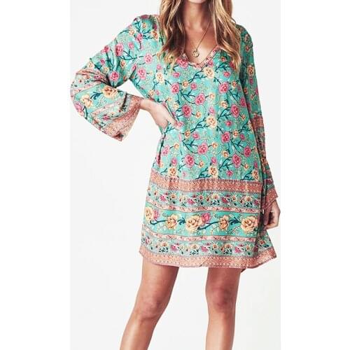 TEELYNN mini tunic dresses vintage red cotton Floral print dress long sleeve v neck beach dress loose womens dresses vestidos