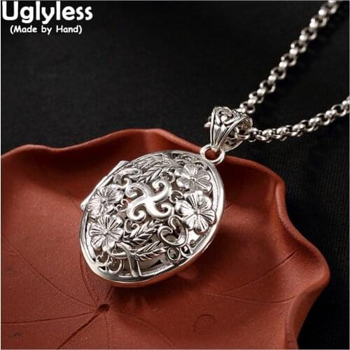 Uglyless Real 925 Sterling Silver Women Hollow Plum Flower Pendants without Chains Buddhism Dharma Jewelry Open Oval Box Bijoux