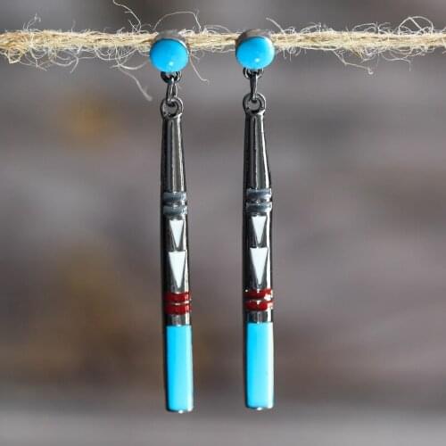 Vintage Blue Stone Long Rod Drop Earrings For Women Tribal Jewelry Handmade Metal Ethnic Boho Earrings Brincos Mujer Z3D392