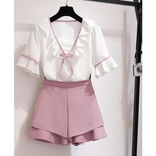 Women Sweet Cute Two-piece Set Summer 2021 Trumpet Sleeve Gentle Ruffled Bow Cute Top+High Waist Wide Leg Shorts Set Korean
