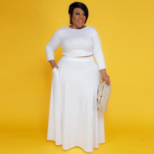 XL-5XL Plus Size Two Piece Skirt Set Women O-neck Long Sleeve Crop Top and Pleated Floor Length Skirts Autumn Fall Tracksuits