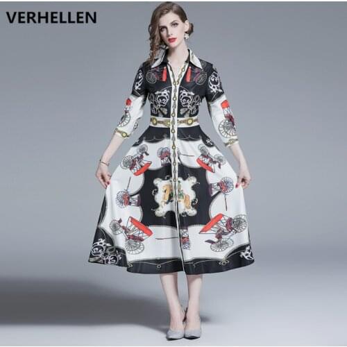 VERHELLEN High Quality Fashion Designer Runway Dress 2019 Autumn Womens 3/4 Sleeve Vintage Print Holiday Elegant Dresses