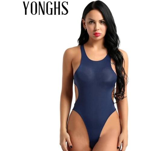 Womens See Through Bodysuit Sheer Lingerie Sex Costume Scoop Neck Sleeveless High Cut Backless Sheer Thong Leotard Bodysuit