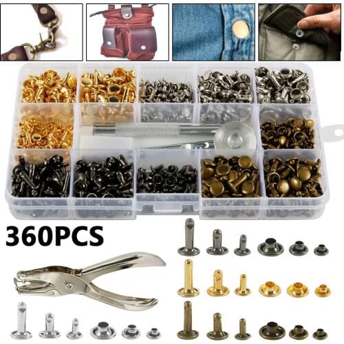 360Pcs Copper Rivets Double Cap Rivet Tubular Metal Studs Set with Punch Pliers Fixing Tools for DIY Leather Craft Rivets Rep