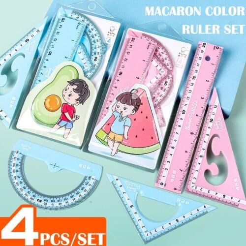 4Pcs/lot 15cm/20cm Macaron Geometry Ruler Set Protractor Mathematical Compasses for School Stationery Plastic Straight Rulers