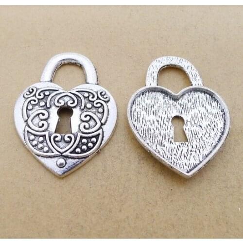 4 Pieces 37*28mm Mixed Alloy Antique Silver Color Heart Lock Charms Bracelet Keychain Pendant Accessory For DIY Jewelry Making