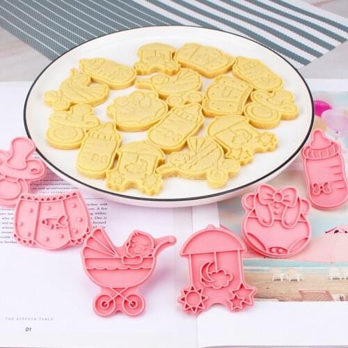 6Pcs/Set plastic Baby Stroller Feeding Bottle Clothes Bib Shape DIY Cookie Cutter Biscuit Mold Baking Decorating Tools