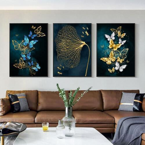 Abstract Golden Blue Butterfly Dragonfly Blade Canvas Painting Modern Wall Art Poster Print Picture for Living Room Home Decor