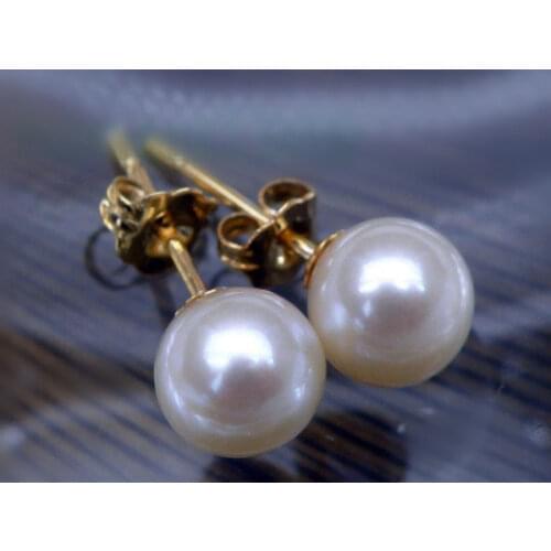 Free shipping new round AAA + 8-7mm South Seas white pearl earrings with 14 k