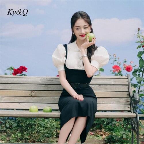 Brand Chic Design Fake Two Piece Dress Korean Doll Collar Bubble Sleeve Splicing Vest Little Black Dresses Gather Waist Elegant