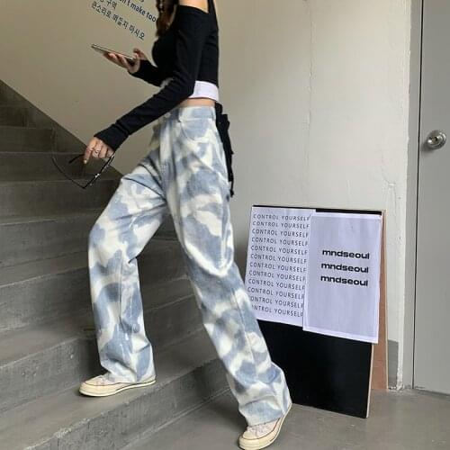 Women Tie-Dye Blue Pants Casual Vintage New Autumn Women Design Sense Loose Wide Leg Pants High Waist Straight Trousers Bottoms