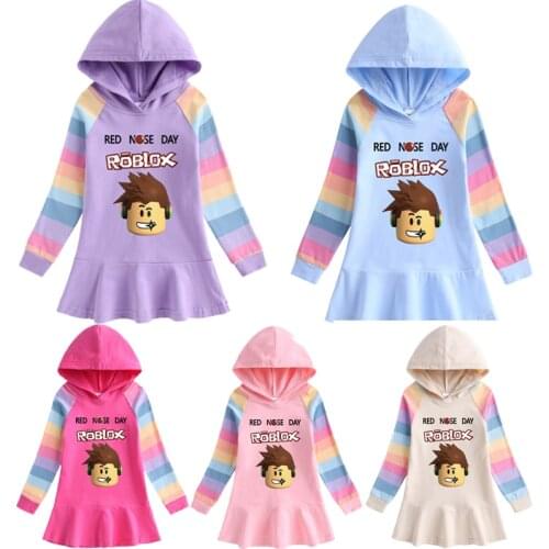 Robloxs Girls Hooded Dresses Infant Toddler Girl Shirt Dress Child Rainbow Ruffle Letter Casual Dress Fashion Kid Clothes