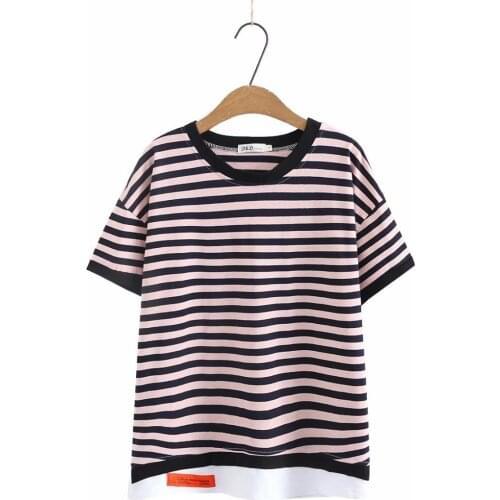 Women striped Short Sleeve cotton Shirt O-Neck drop-shoulder sleeve Top Plus Size Women T-shirt Clothing loose T Shirts
