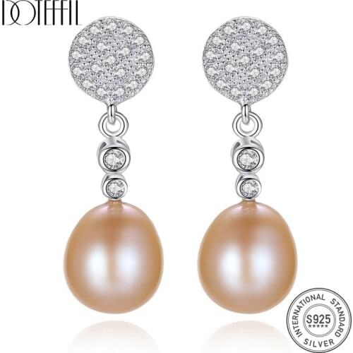 DOTEFFIL Hot Sale 925 Silver Earrings Natural Freshwater Pearl Zircon Earrings 9MM Pearl Jewelry Women Gift Party Free Shipping