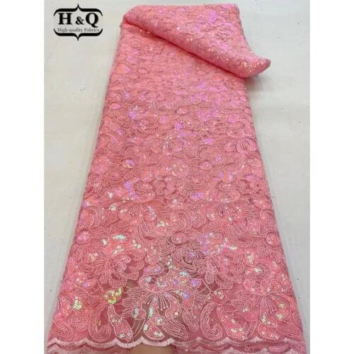 H&Q baby pink nigerian sequins lace african tulle fabric 2021 high quality embroidery french net laces fabrics 5 yards/piece