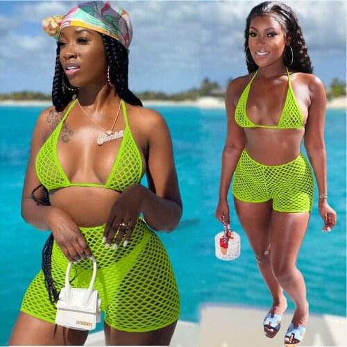 Spring Summer Clothing swimsuit women 3 Piece Bikini Set Sexy Solid Mesh halterneck Swimwear Beachwear Bathing Suits Wholesale