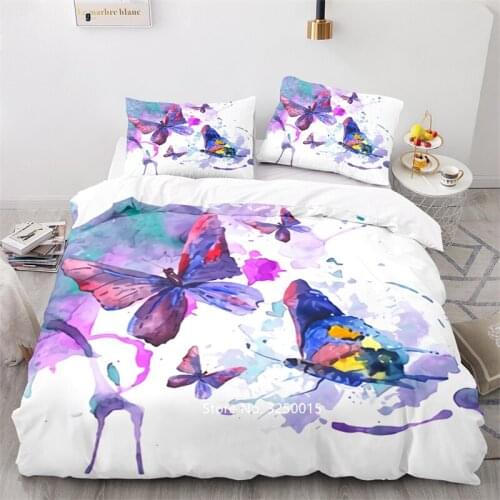 2-3 Piece Purple Yellow Color Butterfly Bedding Flowery Print Quilts Pillowcase for Women Girls King Double Queen Size Bedspread