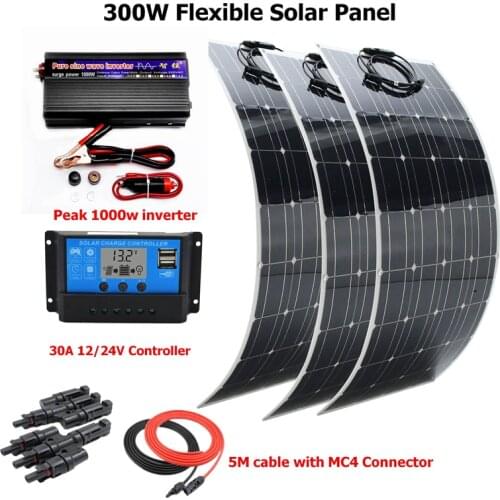 300W Solar System Kit for Beginner Flexible Solar Panel with 30A Controller and 1000W Pure Sine Inverter For 12V Battery Charger