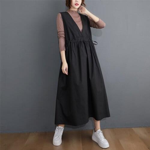COIGARSAM Brief Loose Women dress Spring Suspenders High Waist Dresses Black Vest 3158