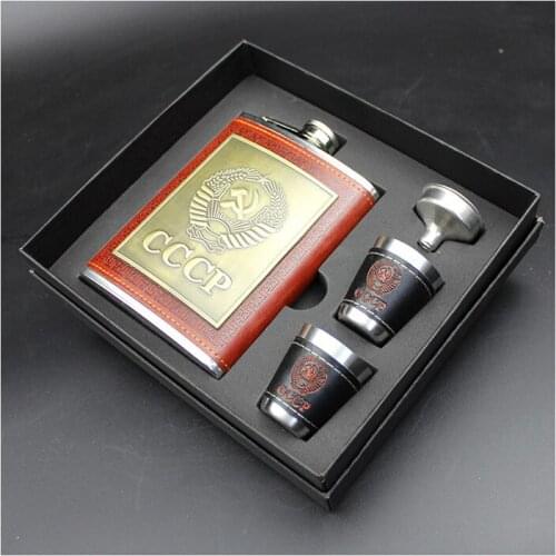 Leather Thickening Stainless Steel Proof Kettle Pot Hip Flask Whiskey Wine Bottle Gift CCCP Engraving Alcohol Container with Box
